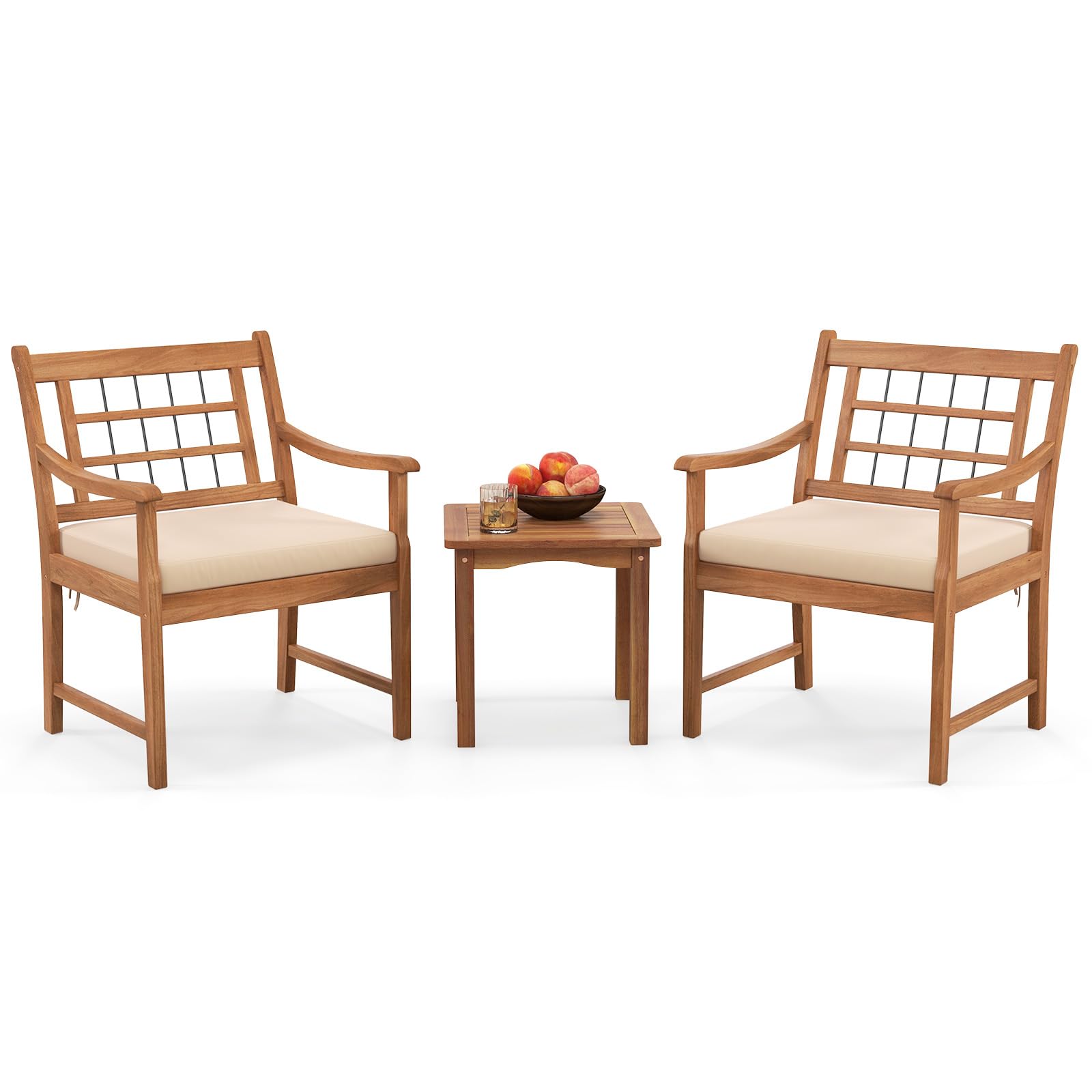 Tangkula 3 Piece Wood Patio Furniture Set, Outdoor Bistro Set w/Soft Seat Cushions